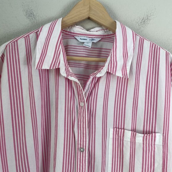 Old Navy Womens Plus 2X Boyfriend Shirt Pink White Striped Button Up Oversized - Picture 8 of 9